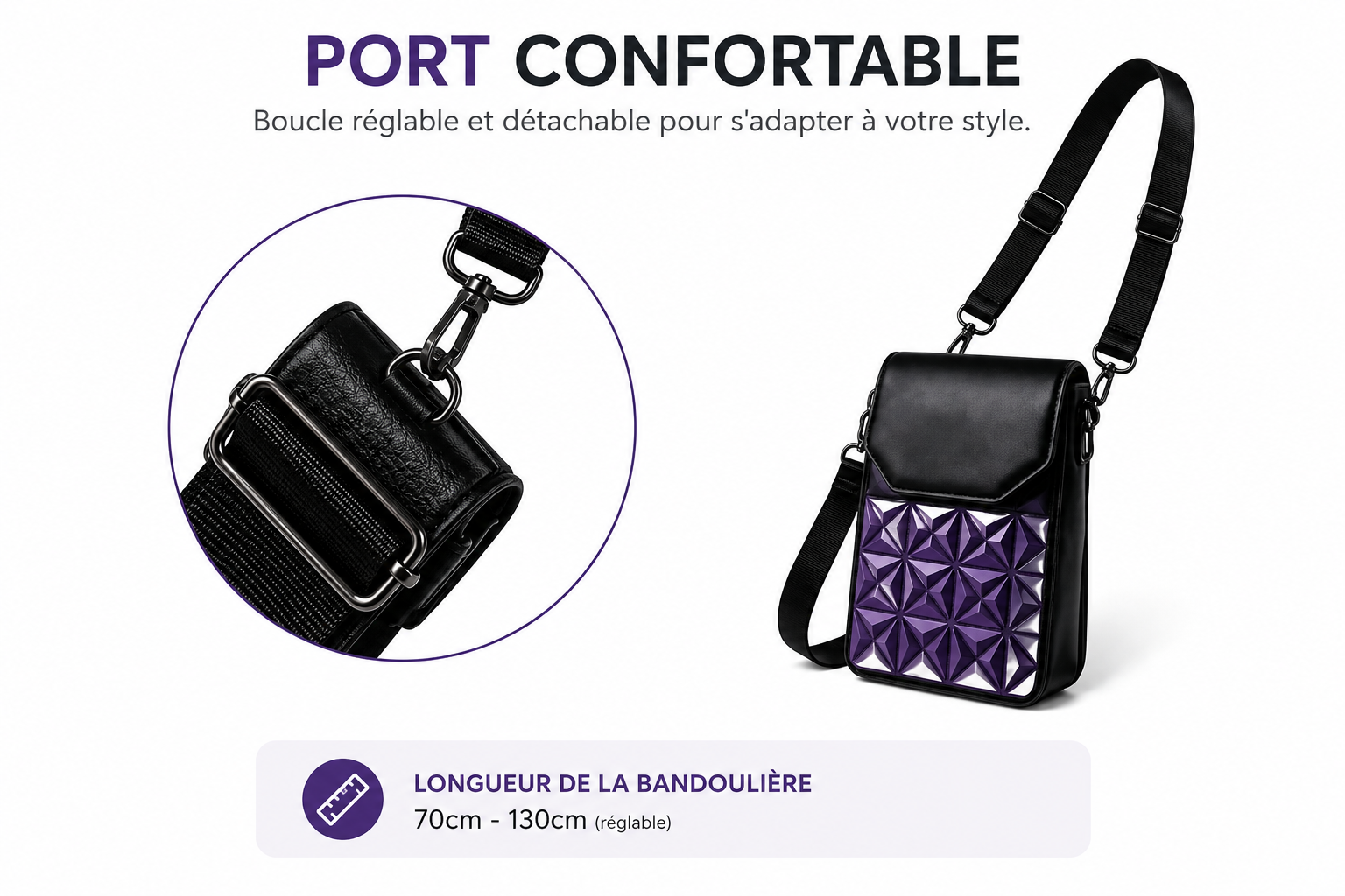 Sac Bandoulière Femme 3D Géométrique – Pochette Téléphone Chic & Pratique, Grande Capacité, Bandoulière Réglable, Similicuir Premium Violet & Noir