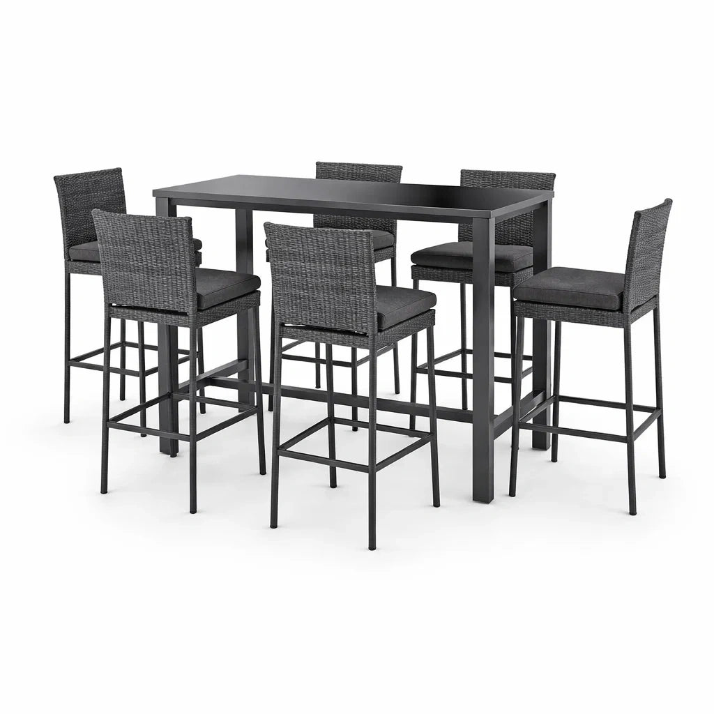 Ensemble de bar sept pièces en aluminium et résine tressée noir - 2026