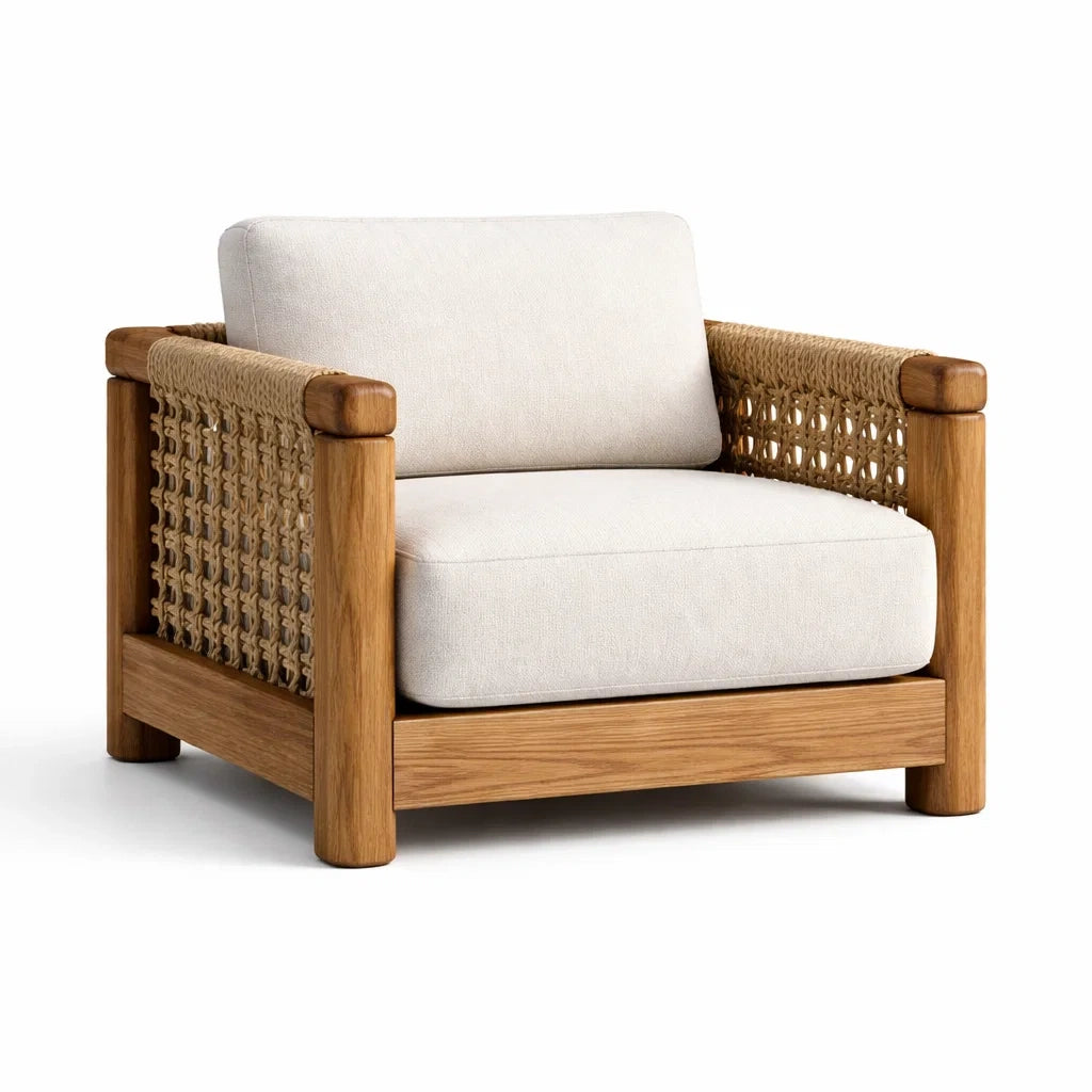 Fauteuil en chêne et rotin avec coussins en polyester beige - 2026