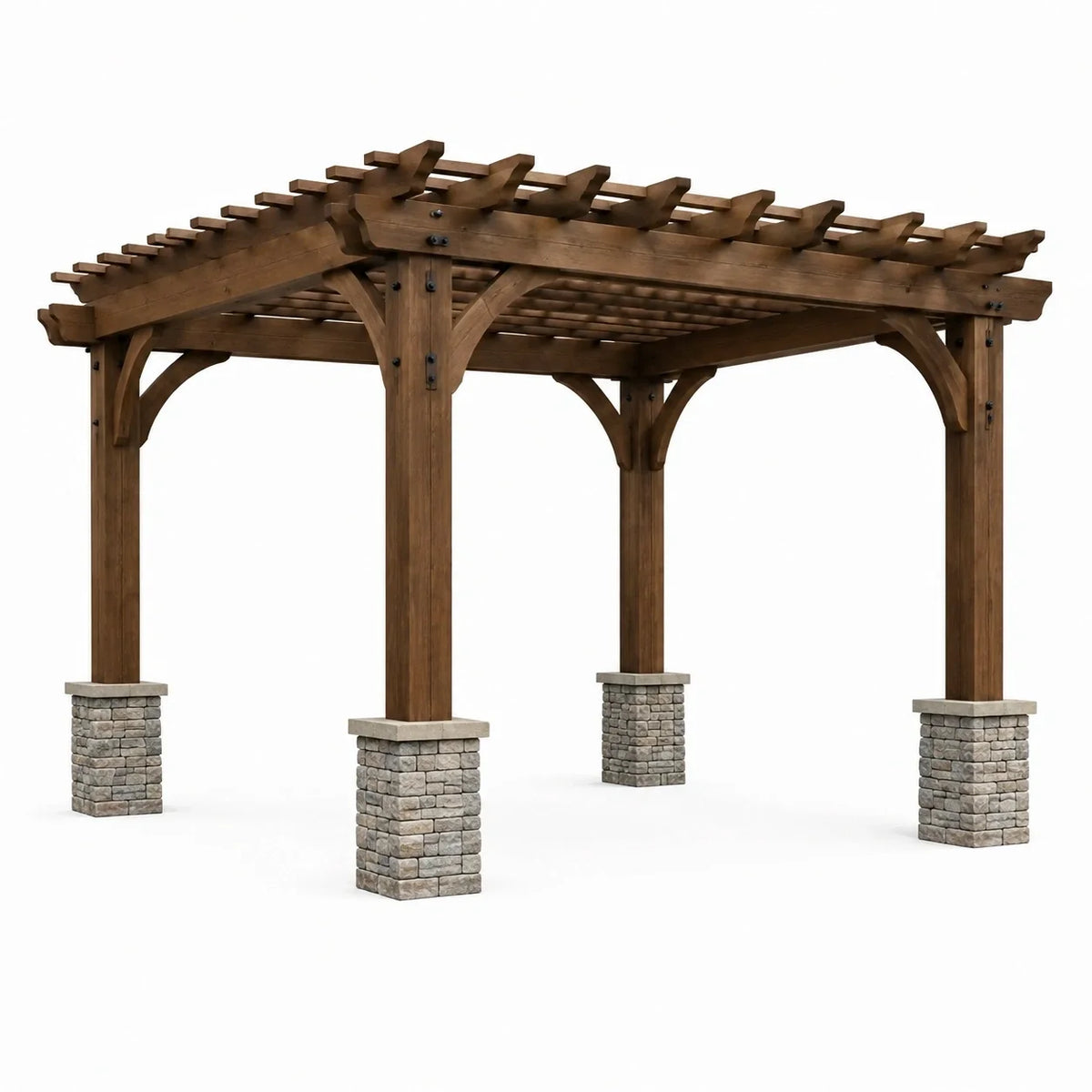 Pergola de jardin en bois brun avec bases grises et ferrures noires, 427 × 305 × 267 cm, toit ouvert à lattes - 2026