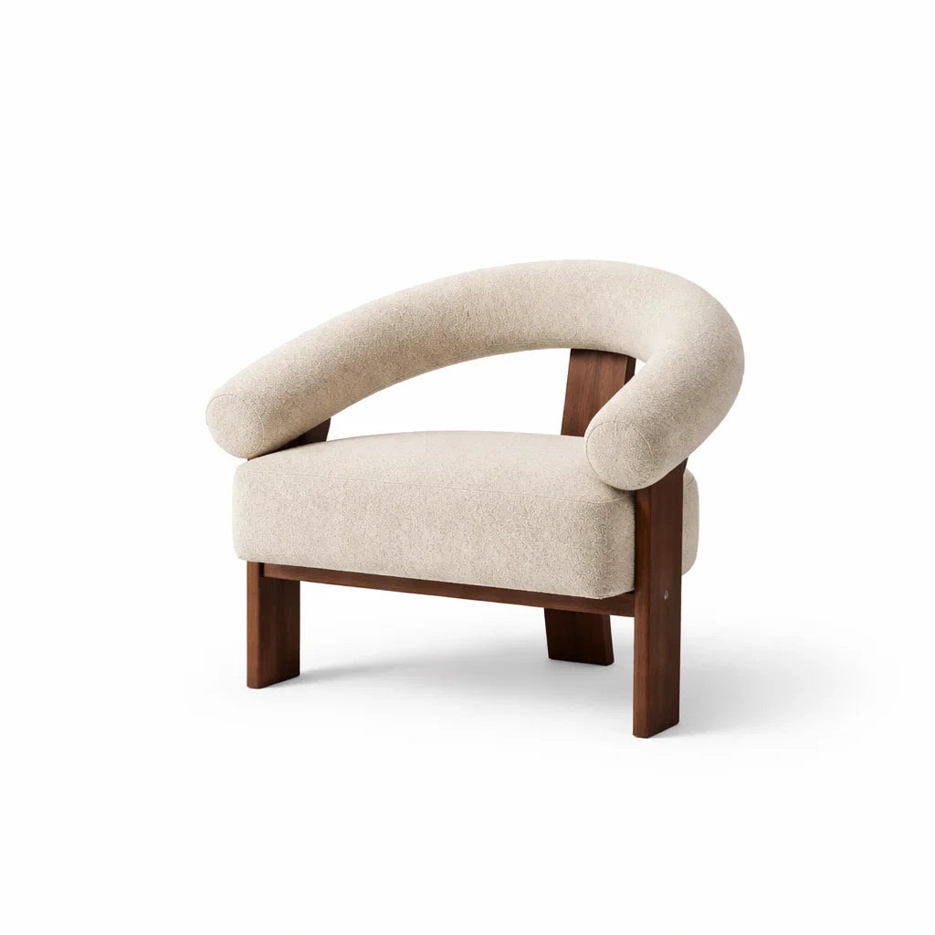 Fauteuil tissu polyester beige et bois massif - 2026
