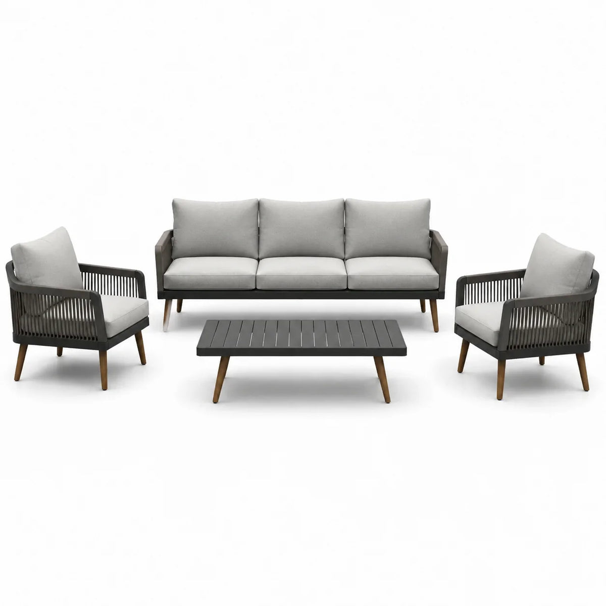 Ensemble 4 pièces salon extérieur en aluminium et corde avec coussins gris - 2026