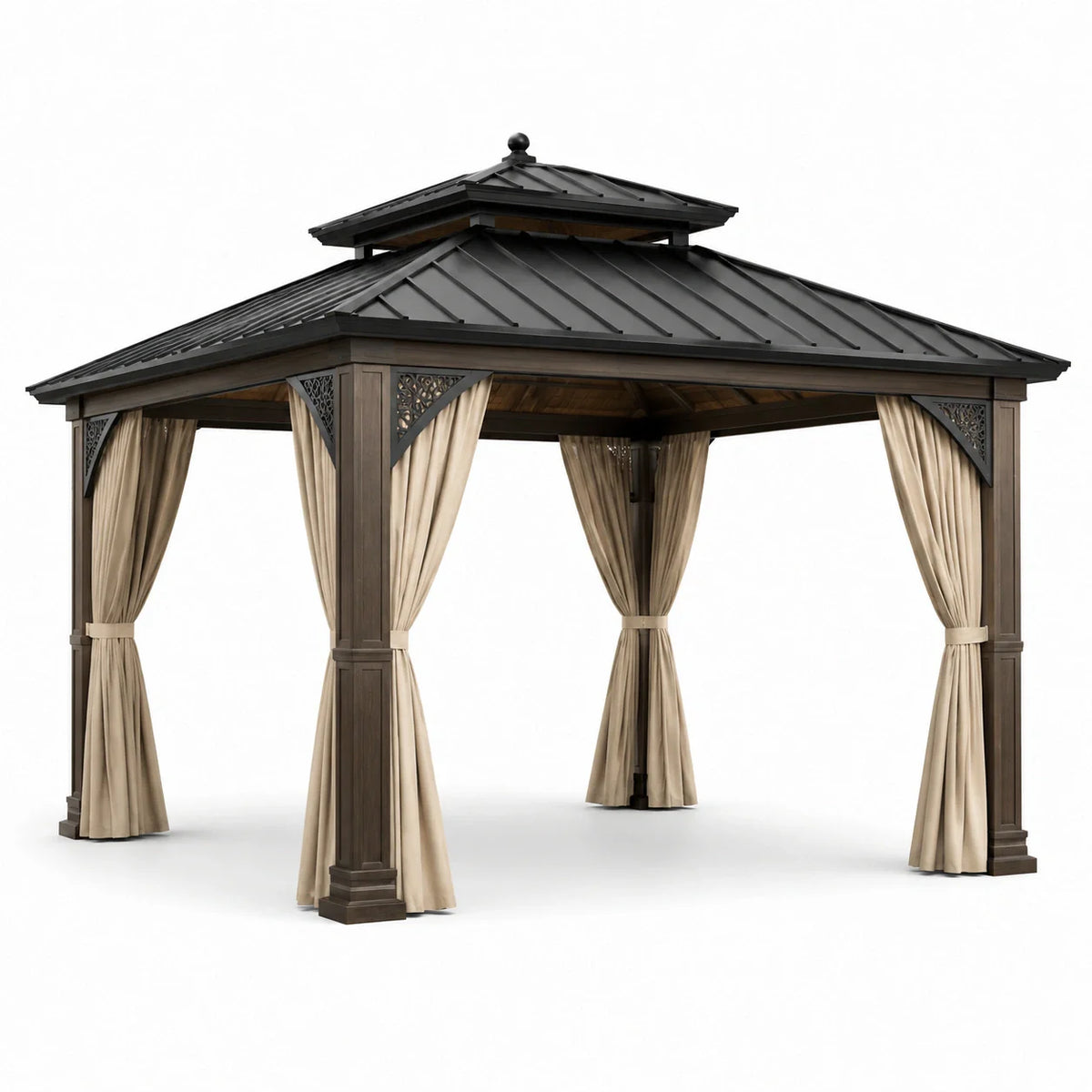 Pavillon de Jardin en Métal avec Toit en Acier et Rideaux en Polyester Beige 400x300 cm - 2026