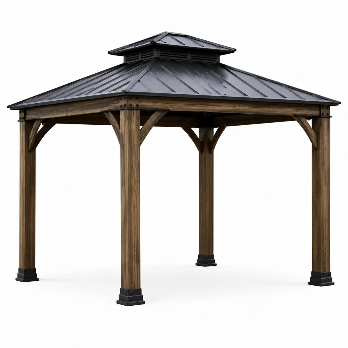 Pavillon de jardin en bois brun et métal noir avec toit ventilé, 300 × 300 × 310 cm - 2026