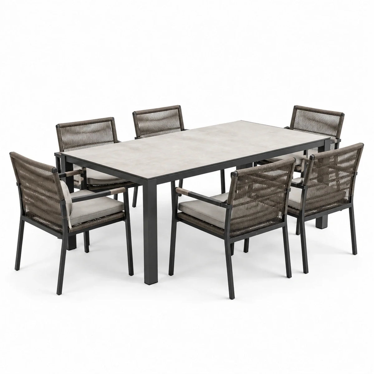 Ensemble de repas de jardin en aluminium et corde avec plateau en céramique 6 fauteuils marron/gris - 2026