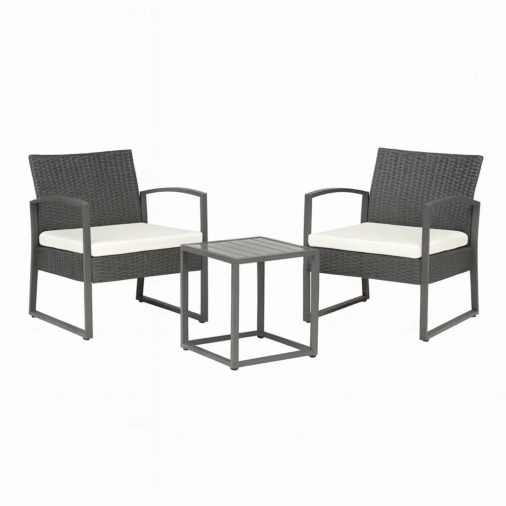 Petit ensemble de loisir en résine tressée grise avec deux fauteuils et table - 2026