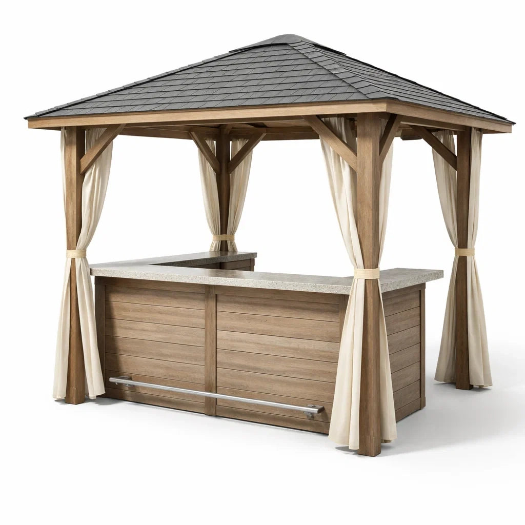 Kiosque bar de jardin en bois massif avec toit en ardoise et comptoir en béton - 2026