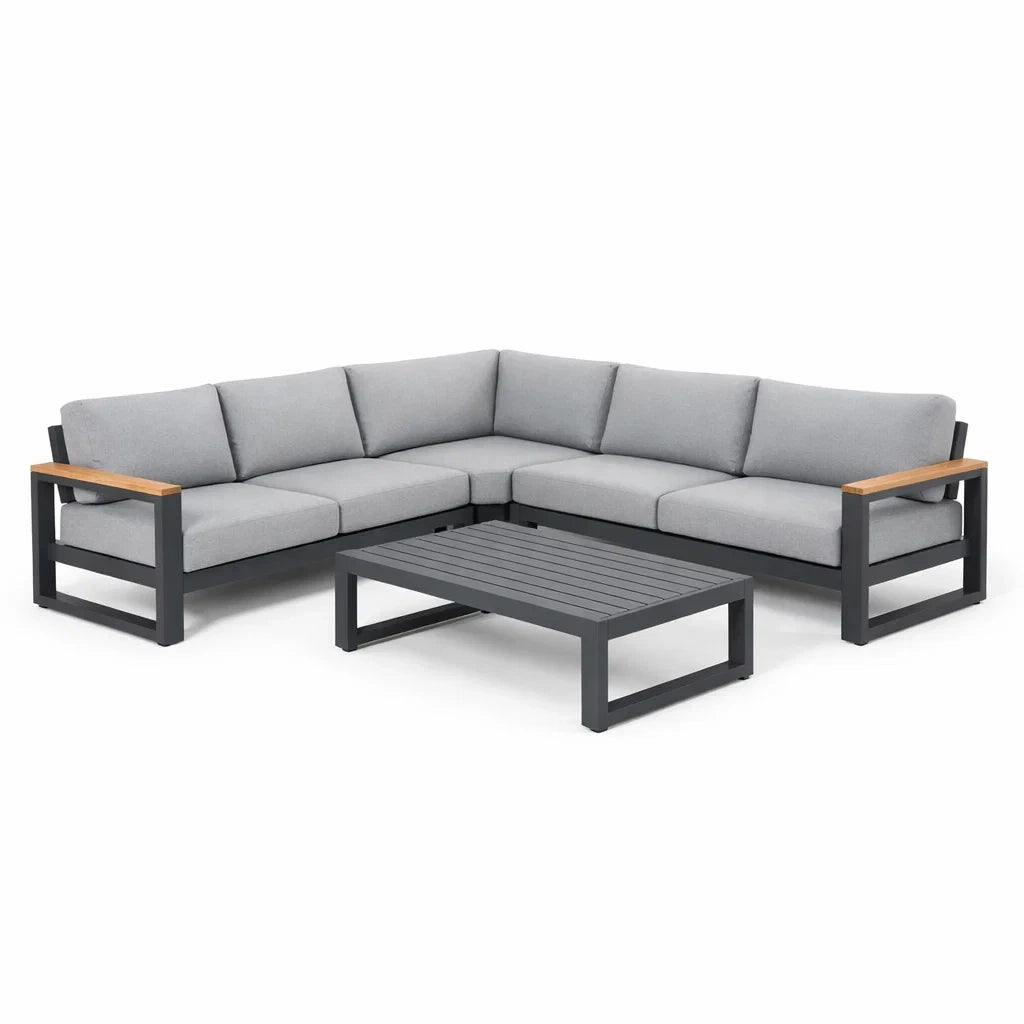 Salon de jardin d’angle en aluminium avec coussins en polyester gris et table basse - 2026