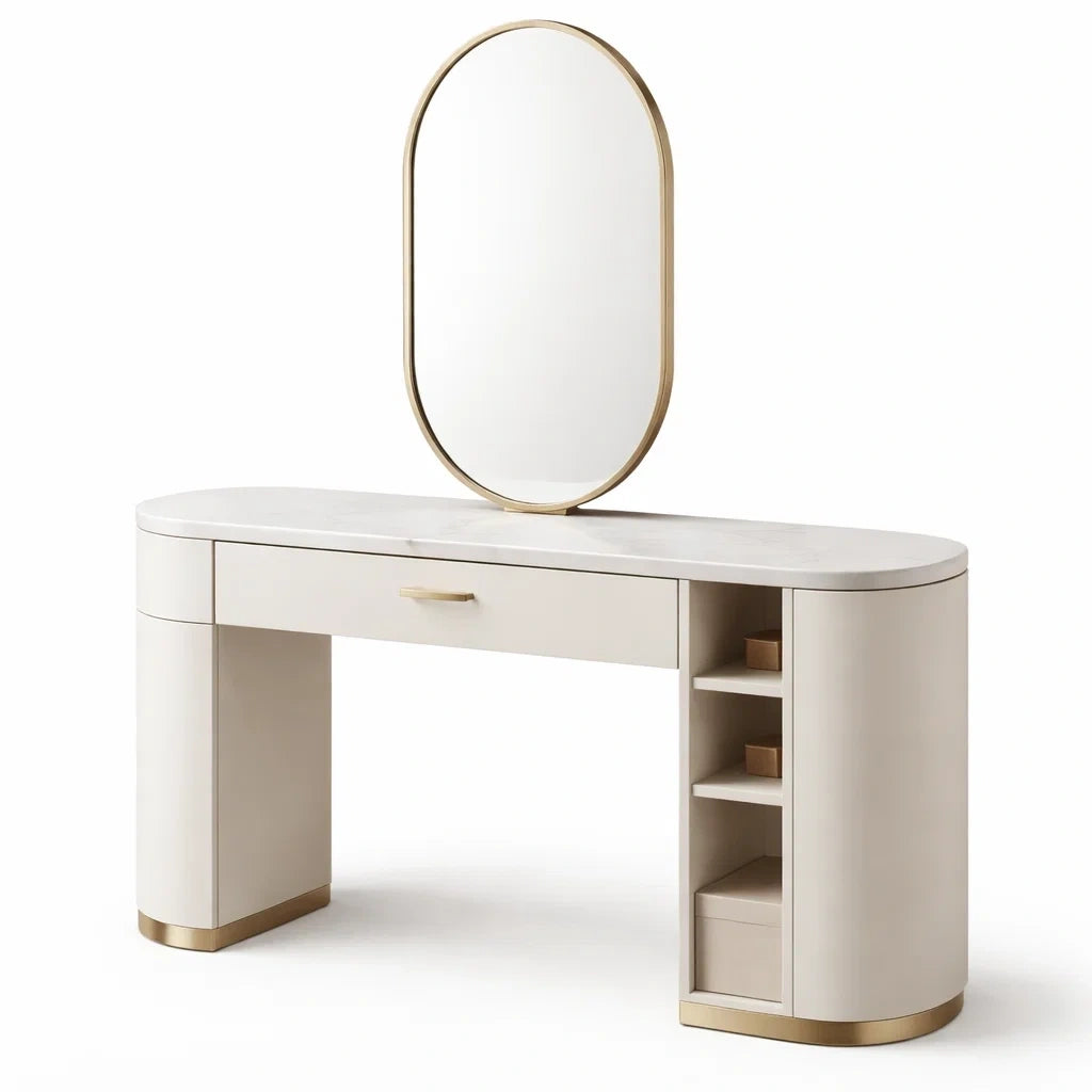 Coiffeuse en bois blanc avec miroir ovale et détails métalliques dorés - 2026