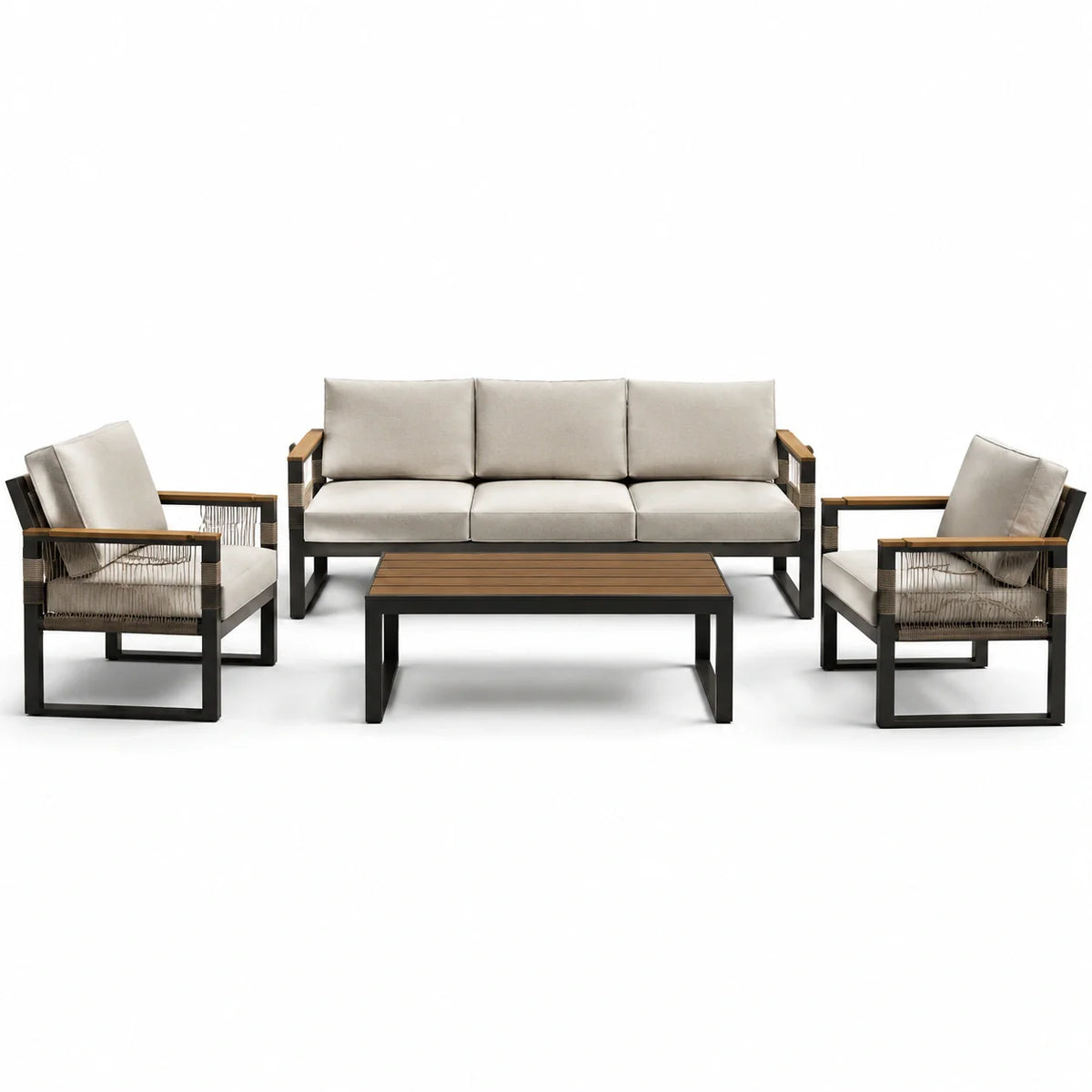 Ensemble de salon de jardin en aluminium et bois avec coussins en polyester beige - 2026