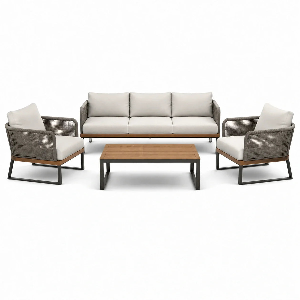 Ensemble de salon d'extérieur en aluminium et résine avec coussins beige - 2026
