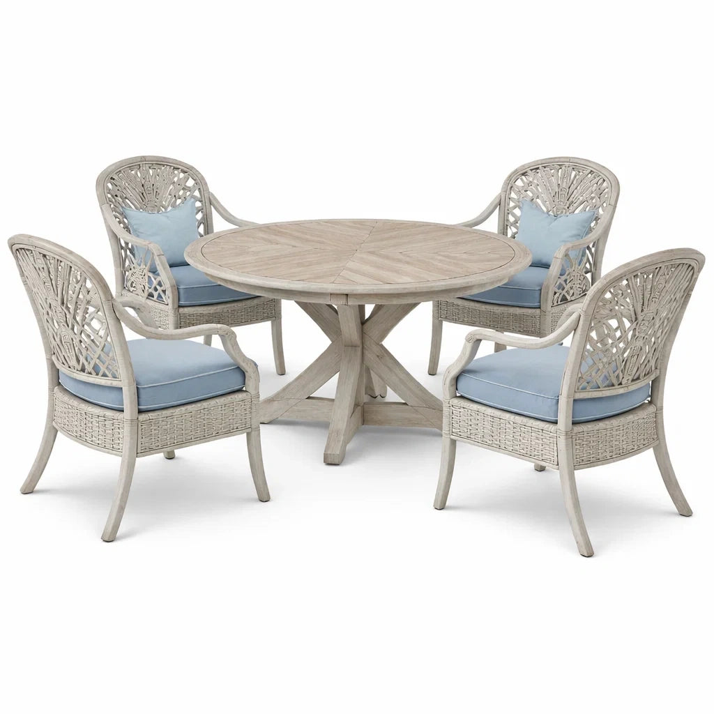Ensemble de table et chaises en bois et rotin avec coussins bleus - 2026