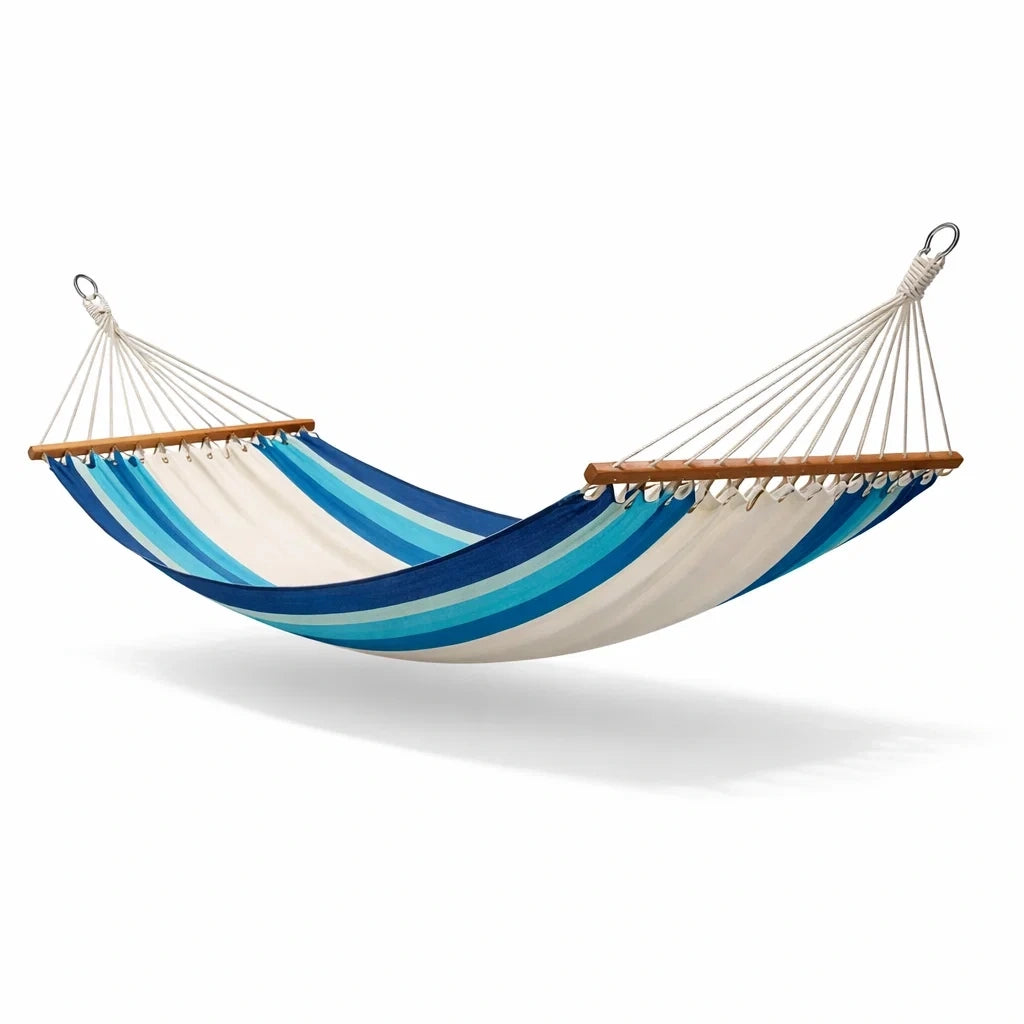 Hamac en toile rayée bleu et blanc avec barres en bois - 2026