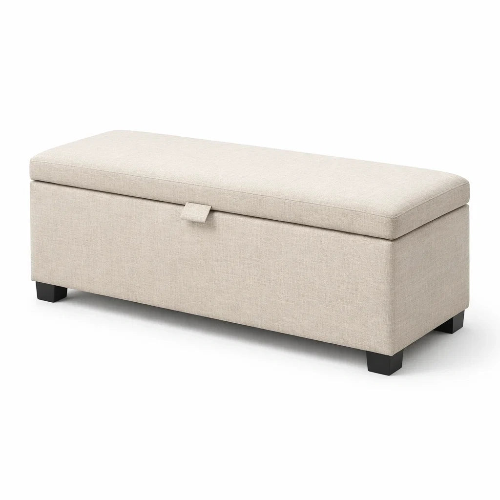 Banc de rangement en tissu beige avec pieds en bois - 2026