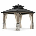 Tonnelle de jardin carrée 360 × 360 × 320 cm en bois brun et métal noir avec rideaux beiges - 2026