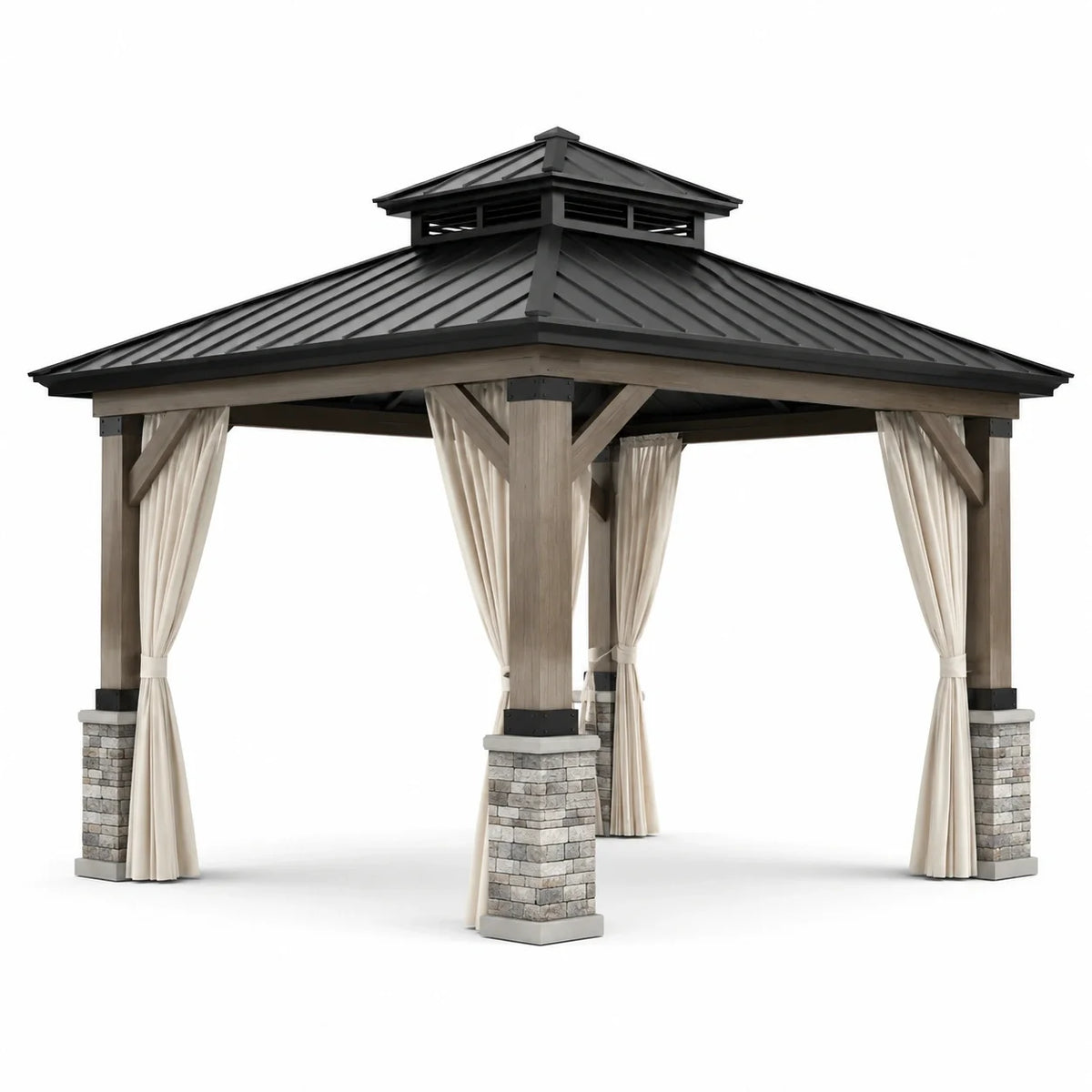 Tonnelle de jardin carrée 360 × 360 × 320 cm en bois brun et métal noir avec rideaux beiges - 2026