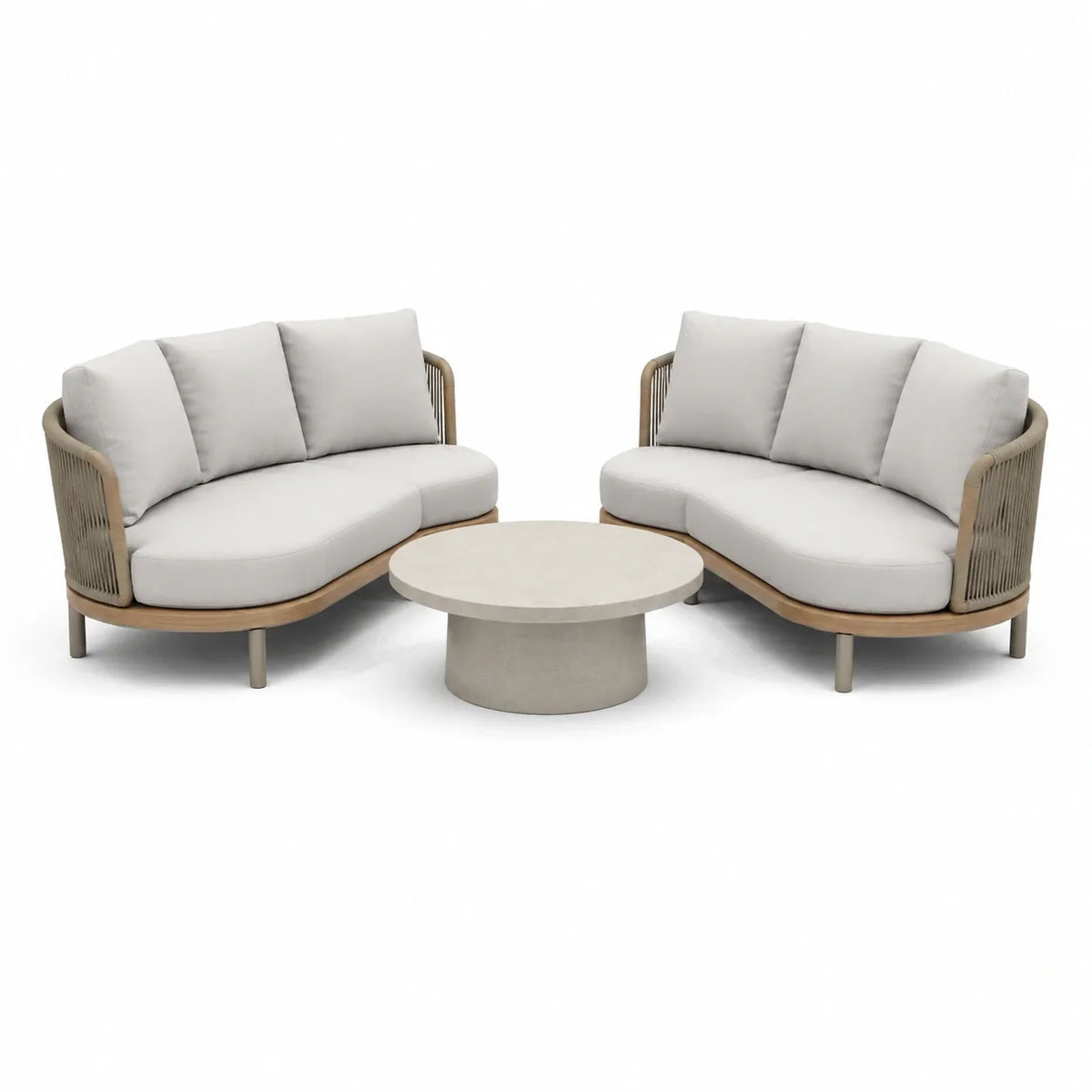 Ensemble de jardin en bois, corde et tissu gris avec table basse en béton - 2026