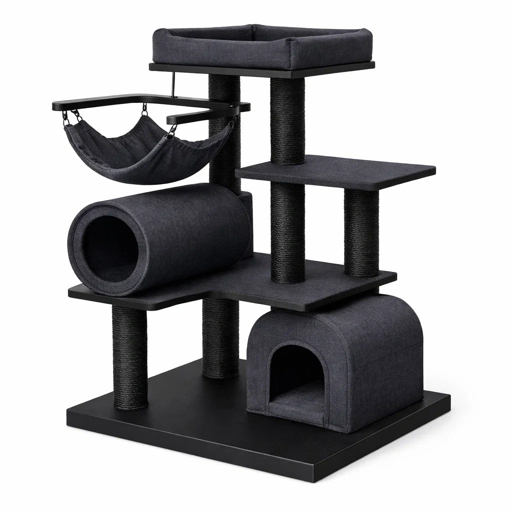 Arbre à chat en tissu polyester noir avec hamac et tour - 2026