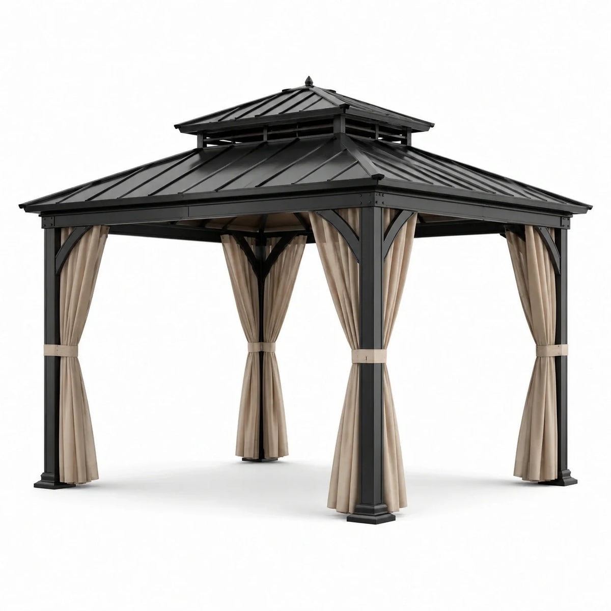 Tonnelle de jardin noire avec rideaux beiges et toit rigide à double niveau, 300 × 300 × 290 cm - 2026
