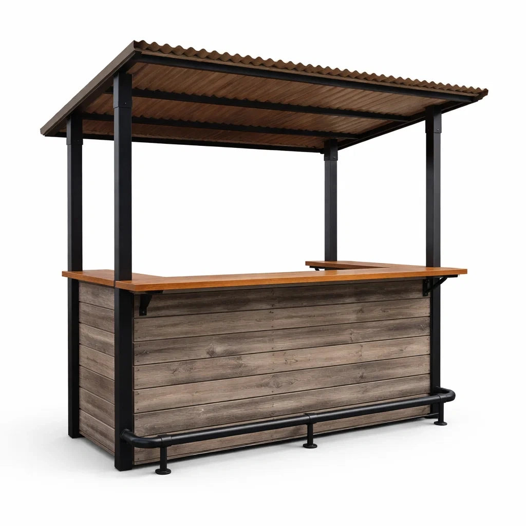 Kiosque à bar extérieur en bois de pin et métal avec toit ondulé - 2026