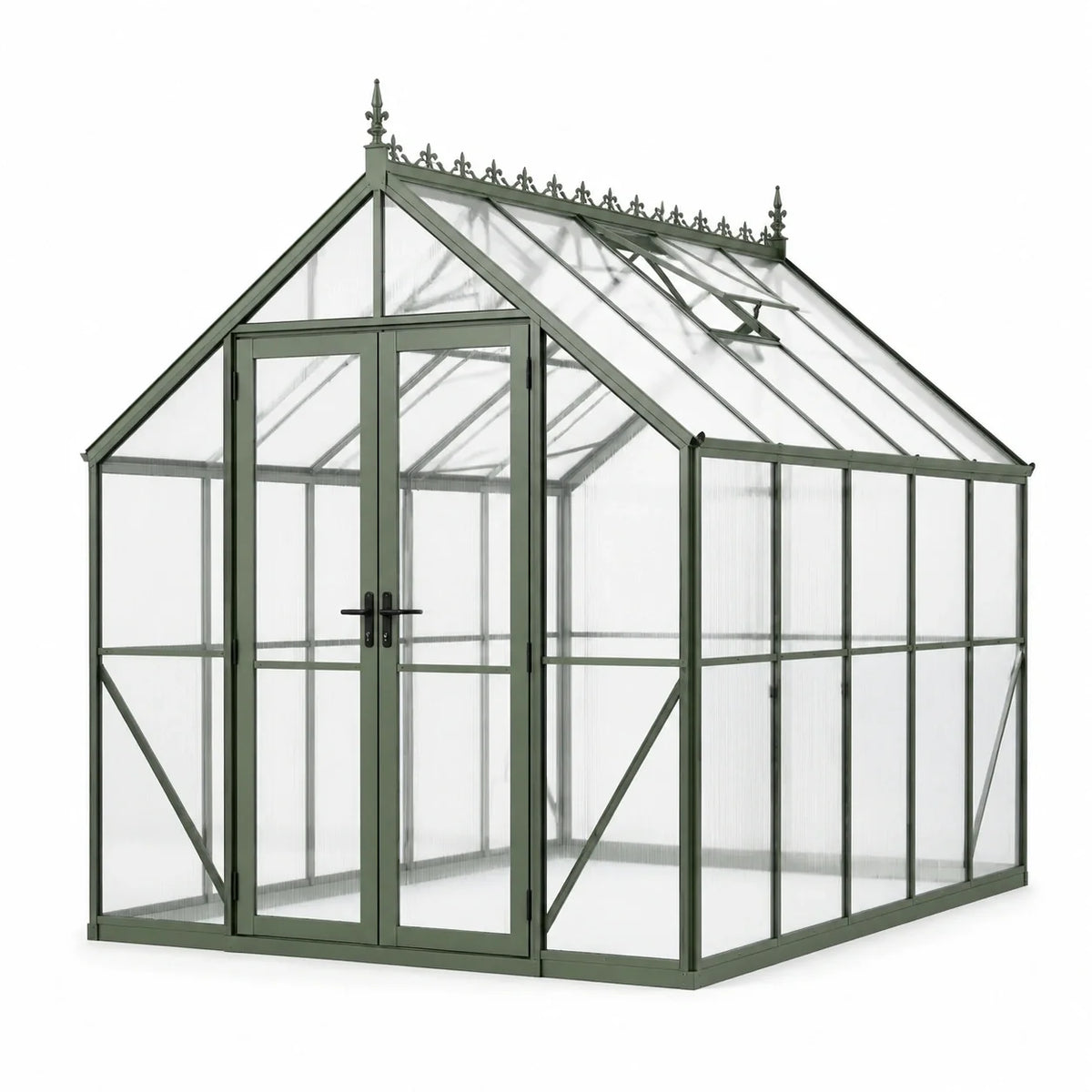 Serre de jardin en aluminium vert et polycarbonate transparent, 254 × 254 × 260 cm, double porte et lucarne de toit - 2026