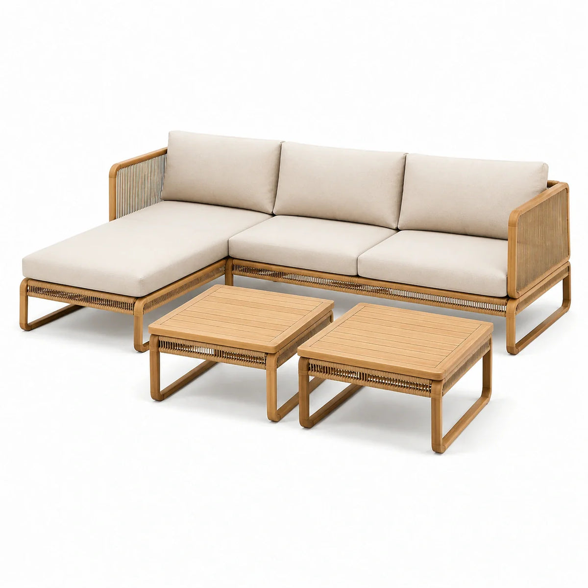 Ensemble de salon de jardin en bois et rotin avec coussins beiges - 2026