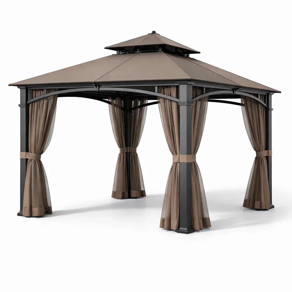 Pavillon de jardin rectangulaire en aluminium avec toit en polyester marron - 2026