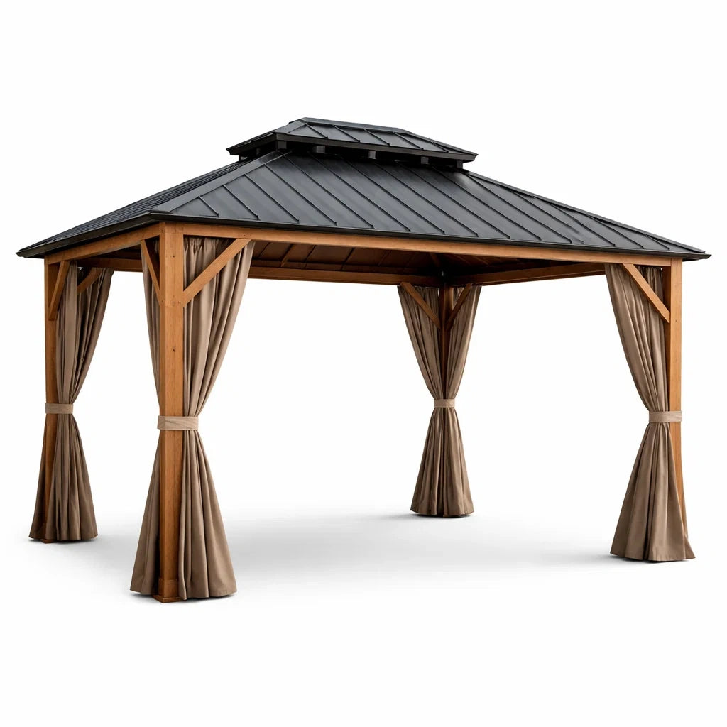 Tonnelle de jardin en bois et aluminium avec rideaux en polyester - 2026