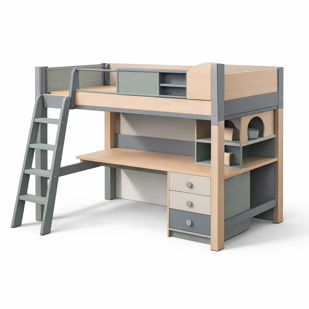 Lit mezzanine en bois avec bureau intégré et espaces de rangement - 2026