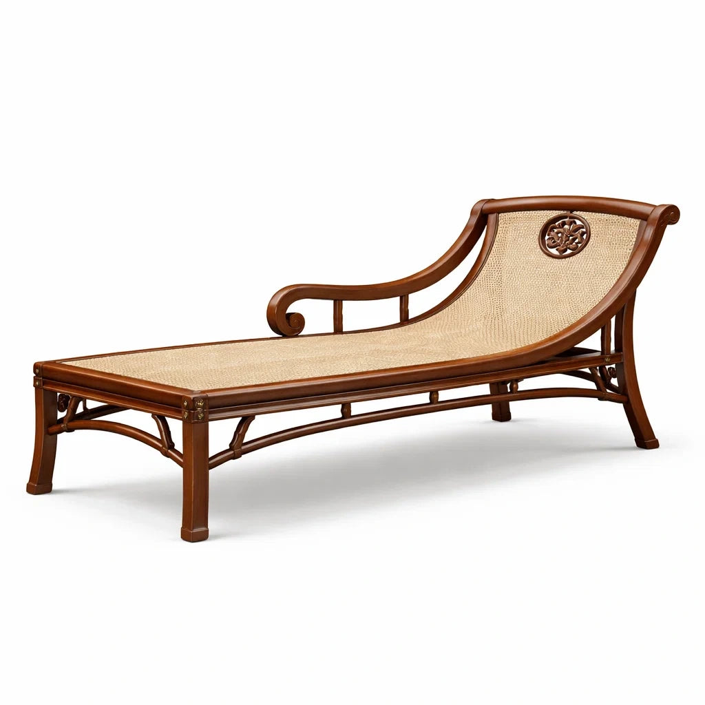 Chaise longue en bois massif et rotin tressé - 2026