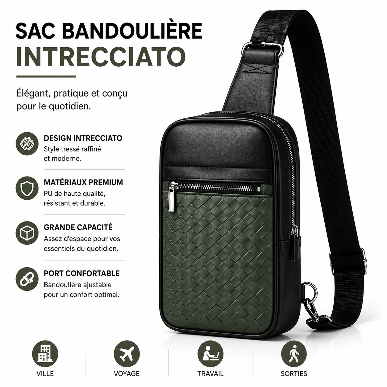 Sac Bandoulière Homme Intrecciato – Élégance & Grande Capacité