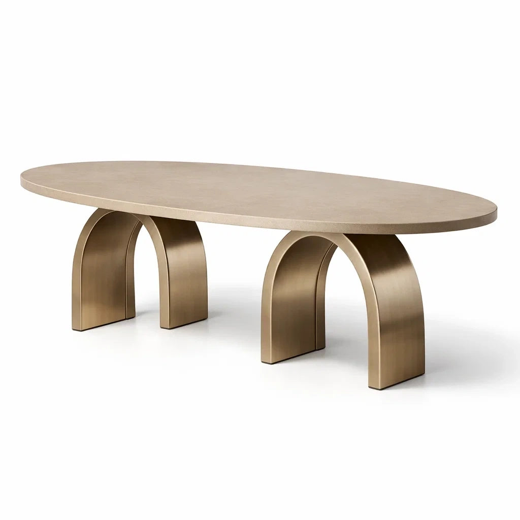 Table basse ovale en pierre reconstituée et acier beige - 2026