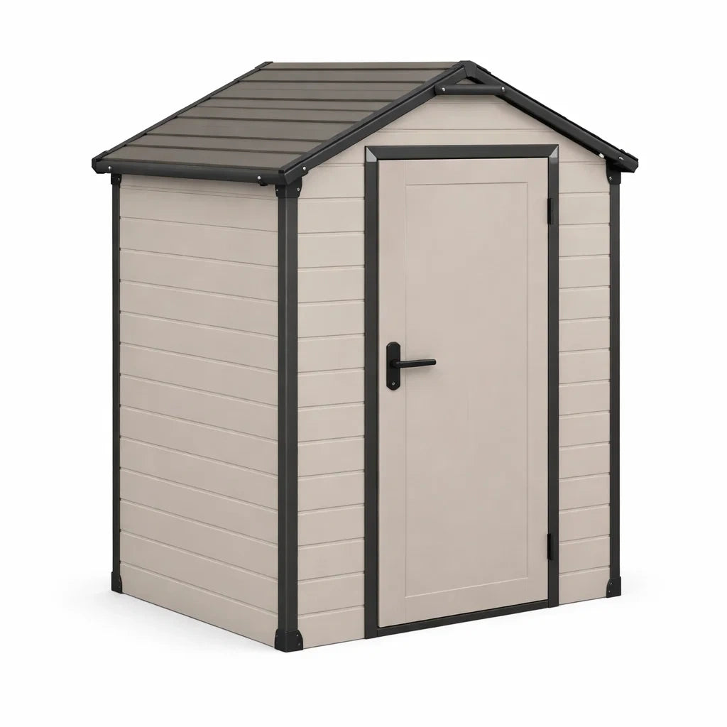 Abri de jardin en plastique beige et gris avec cadre métallique - 2026