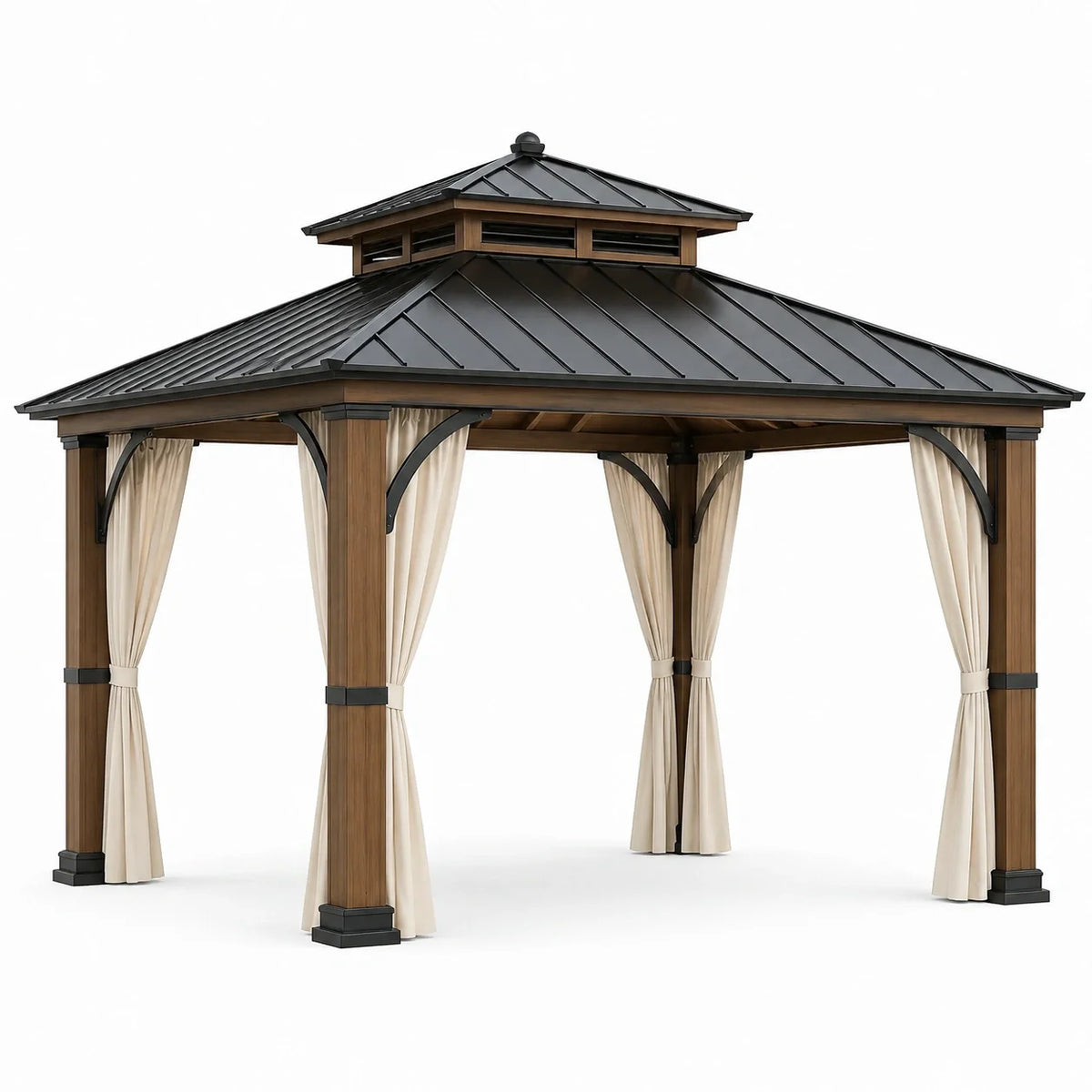 Pavillon de jardin en bois et métal avec rideaux polyester 3x3m - 2026