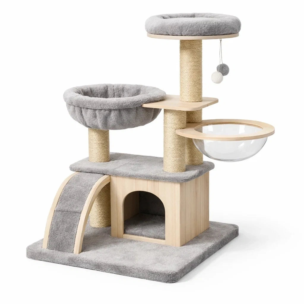 Arbre à chat en bois et sisal avec plateformes et tissu polyester gris clair - 2026