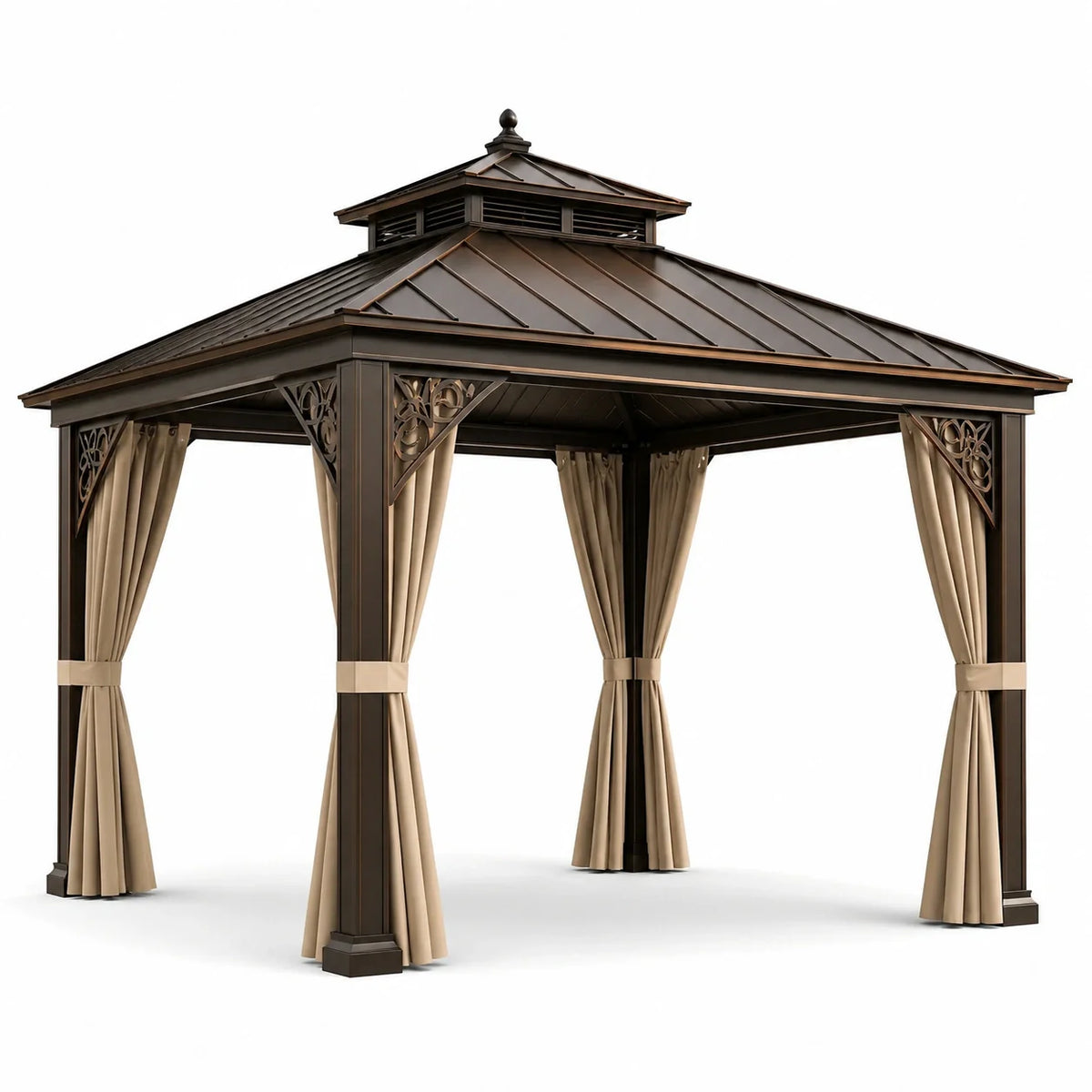 Pavillon de jardin en métal brun avec rideaux en polyester beige 300x400 cm - 2026