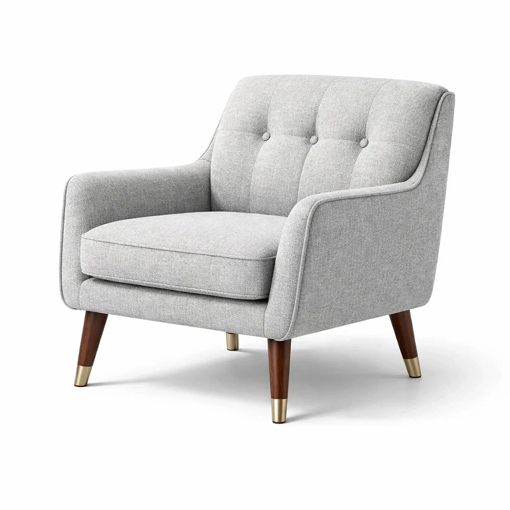 Fauteuil en polyester gris avec pieds en bois et métal - 2026