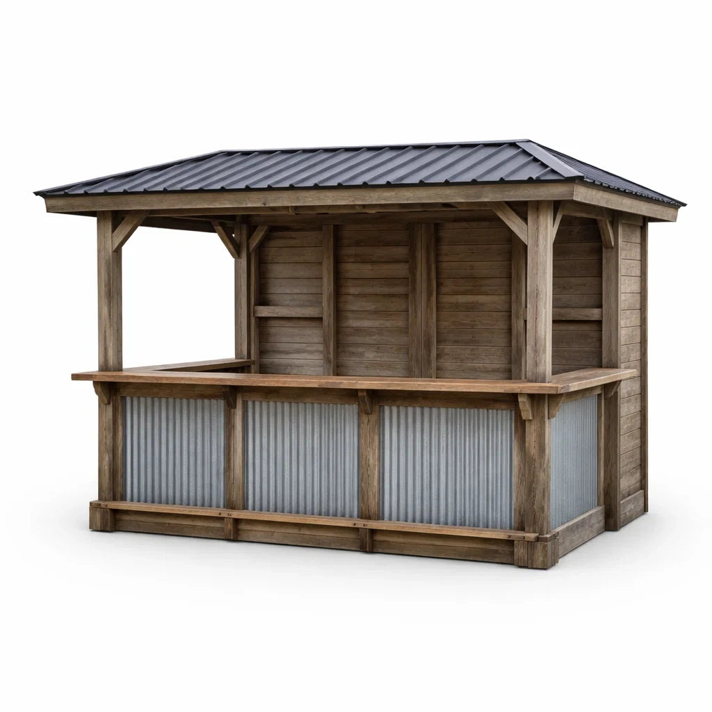 Kiosque bar de jardin en bois de pin et métal avec toit en acier - 2026
