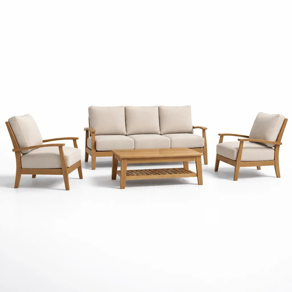 Ensemble de canapés en bois avec coussins en coton beige et table basse - 2026