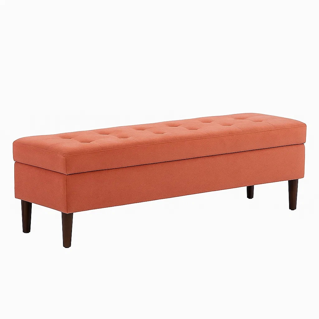 Banc de rangement en tissu polyester orange avec pieds en bois 140x40x45 cm - 2026