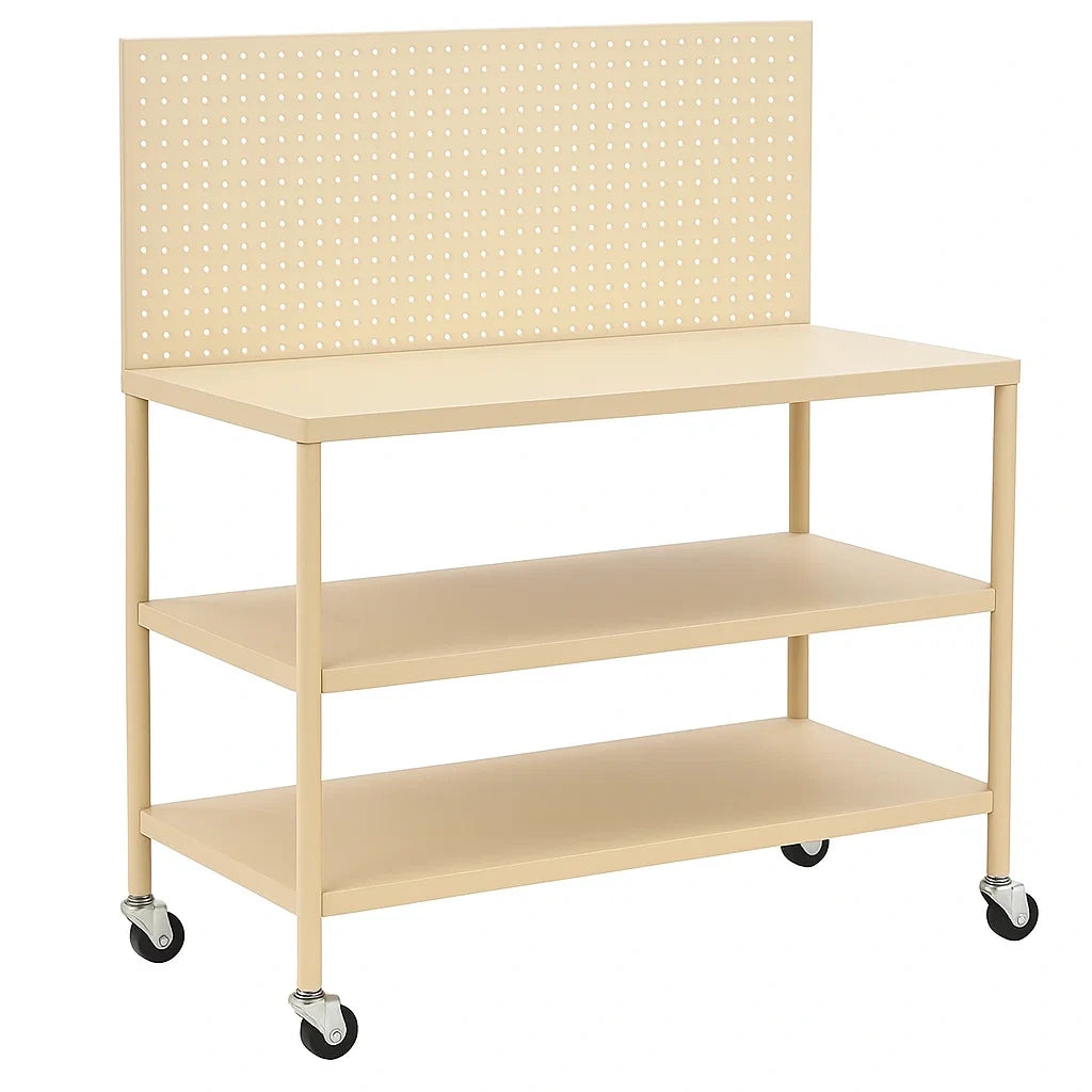 Établi mobile en métal beige avec étagères et panneau perforé - 2026