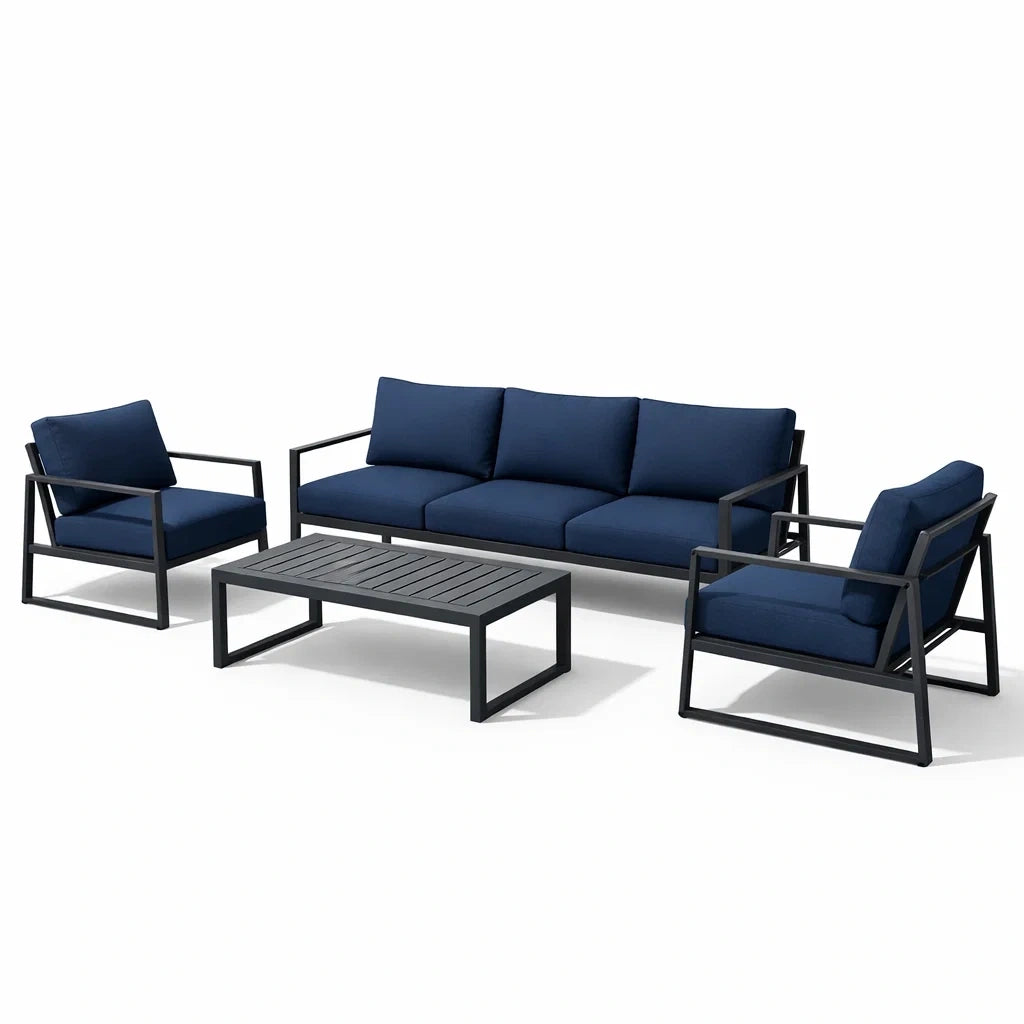 Salon de jardin en aluminium bleu avec coussins déhoussables - 2026