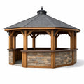 Kiosque bar de jardin octogonal en bois et pierre avec toit en ardoise - 2026