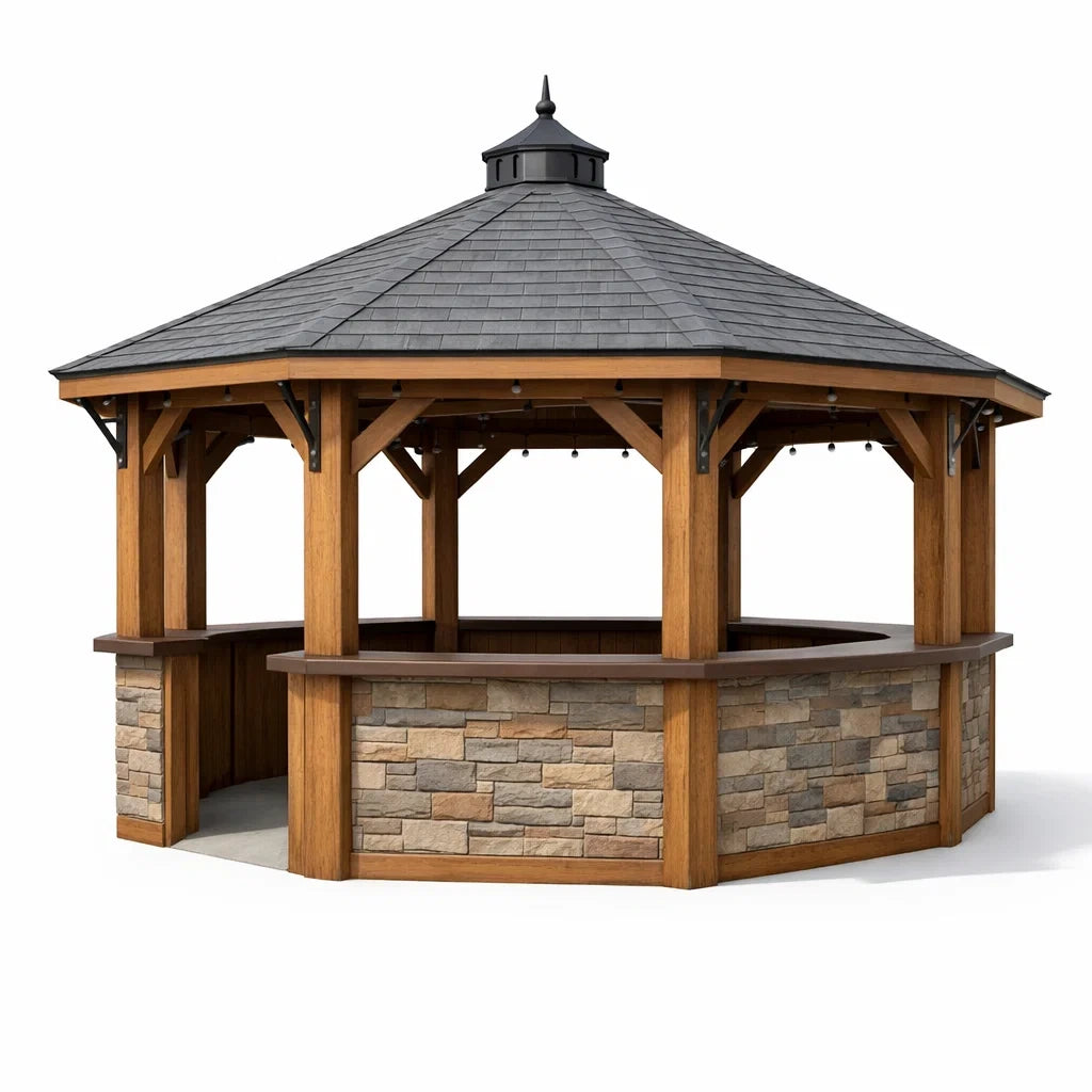 Kiosque bar de jardin octogonal en bois et pierre avec toit en ardoise - 2026