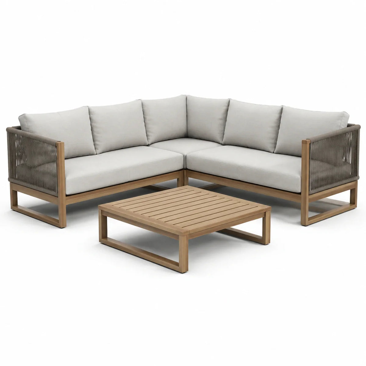 Ensemble de canapé d'angle en bois avec coussins polyester gris et table basse - 2026