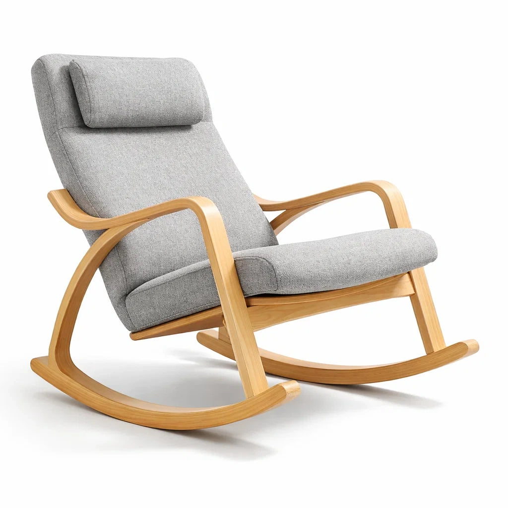 Fauteuil à bascule d’intérieur en bois avec tissu gris - 2026