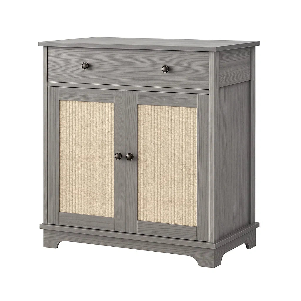 Buffet en bois mdf et rotin avec tiroir et portes gris et beige - 2026