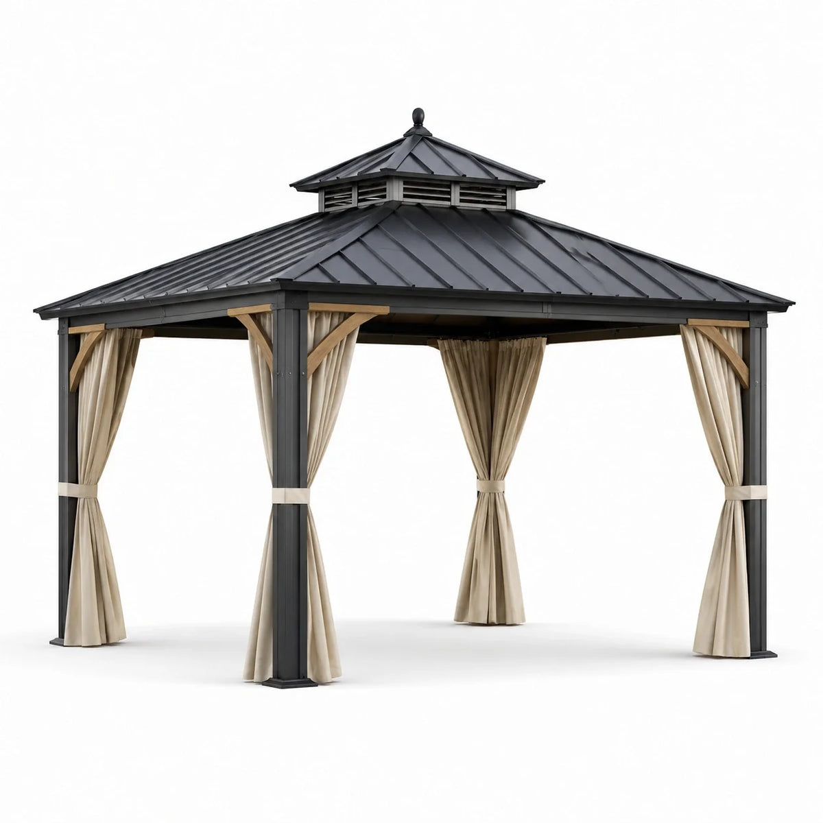 Pavillon de jardin en métal avec toit double 3x4m noir et beige, rideaux inclus - 2026