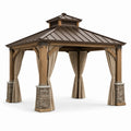 Pavillon de jardin en bois et métal brun avec rideaux en polyester - 2026