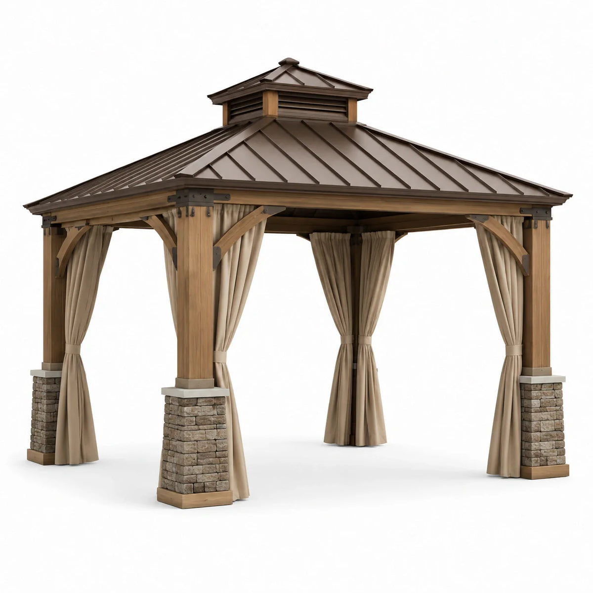 Pavillon de jardin en bois et métal brun avec rideaux en polyester - 2026
